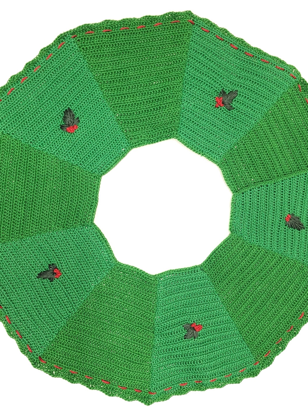 Christmas Tree Skirt Mini 14.5" Tabletop Handmade Green Cotton Embroidered